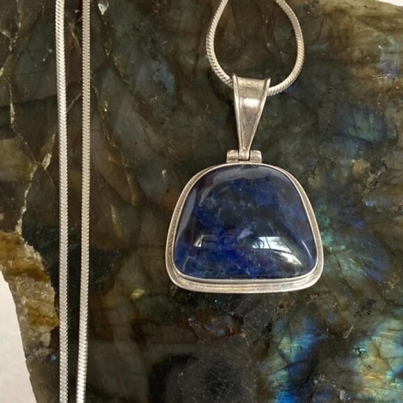Sterling Silver 925 1.66" Sodalite Hinged Pendant Necklace 18" Snake Chain 24g - Picture 12 of 16